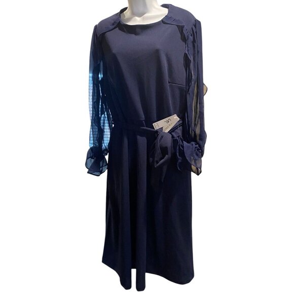 Shelby & Palmer Dress 16 Womens Midi Navy Long Sheer Sleeves Belted Ruffle - Picture 2 of 15